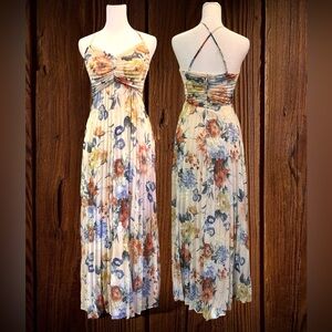 Express Beautiful and Elegant, Floral Pleated Maxi Dress with Crisscross Back